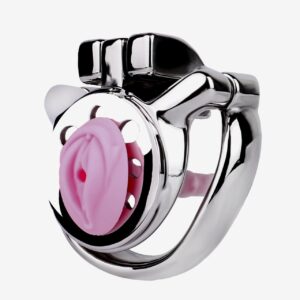 Stainless steel inverted chastity cage with pink insert