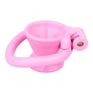 Pink sissy inverted chastity cage angled view