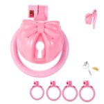 pink chastity cage bow integrated lock rings material detail graphic