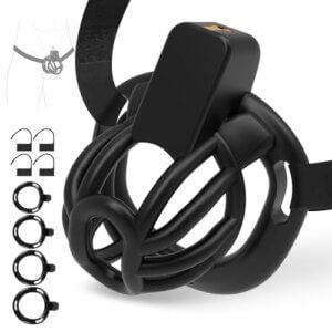 Black 3D printed chastity cage with ring set and key