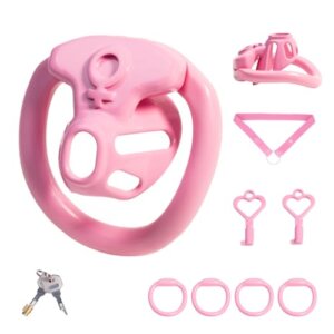 Pink inverted chastity cage kit with rings and keys