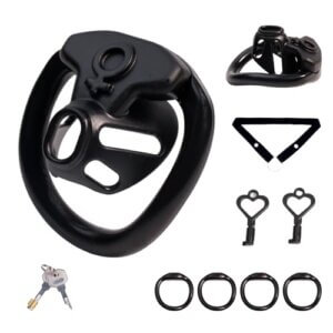 Black inverted chastity cage kit with rings and keys