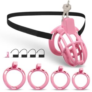 Pink chastity cage set with four rings and key