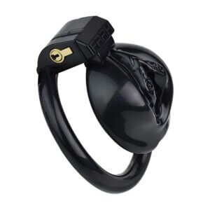 Black inverted chastity cage side view with lock