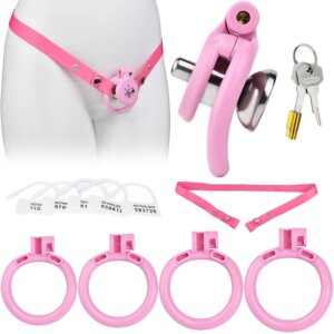 Pink Chastity Cage with Catheter, Belt and 4 Curved Rings Kit