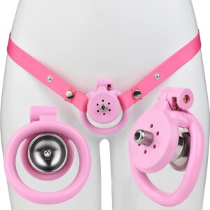 pink chastity cage catheter belt curved rings back product view