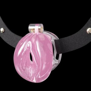 Pink chastity belt worn on mannequin