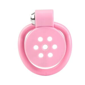 pink chastity cage micro push-lock system flat angled product view