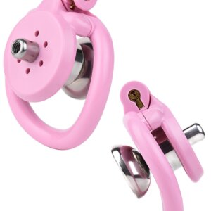 pink chastity cage catheter belt curved rings detail close-up
