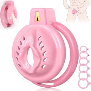 Pussy-Shaped Pink Chastity Cage with Soft Silicone and 6 Rings