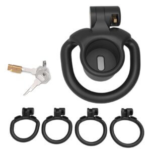Flat Inverted Chastity Cage Set with 4 Rings Black Short Cage