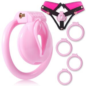 Pink Chastity Panties with Heart Lock Cage and 4 Rings BDSM Set