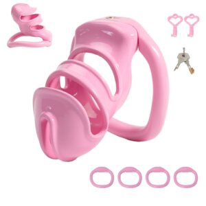 Pink Chastity Cage with Micro Lock and 4 Rings for BDSM Control
