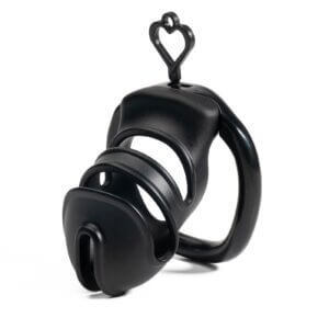 Black micro chastity cage angled view