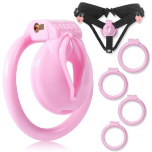 pink chastity cage panties heart lock rings feature detail graphic