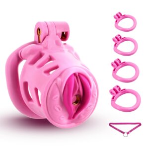 Pink Pussy Chastity Cage with 4 Sizes Rings and Invisible Lock for Man Penis Exercise