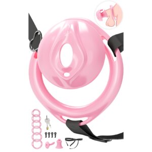 Flat Pink Male Cock Cage with Chastity Belt & 6 Adjustable Rings