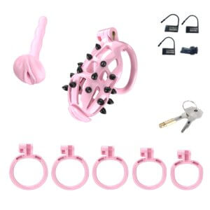 Pink Spiked Chastity Cage with 5 Adjustable Rings & Resin Design