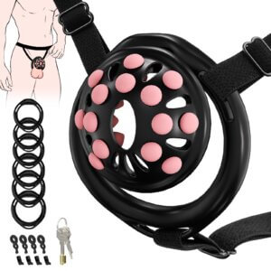 Male Tiny Pink Chastity Cage Sex Toys with 6 Size Rings Invisible Lock and Belt