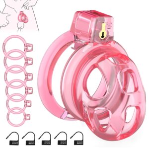 Silicone Pink Cock Cage for Long-Term Wear with 6 Penis Rings