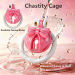 pink chastity cage bow integrated lock rings feature detail graphic