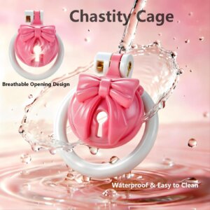 pink chastity cage bow integrated lock rings feature detail graphic