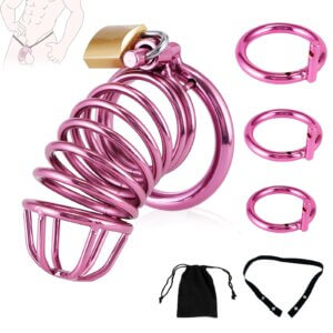 Pink Metal Cock Cages with Adjustable Belt, Stainless Steel Design & 3 Ring Sizes
