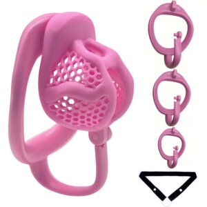 Breathable Pink Chastity Cage with Anti-Off Belt & 3 Hook Rings