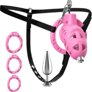 Pink Chastity Cage with Anal Plug Harness and 3 Ring Sizes Set