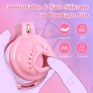 pink silicone chastity cage pussy-shaped soft rings angled product view
