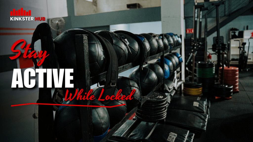 Chastity exercise cover with gym equipment, bold title, and KinksterHub logo