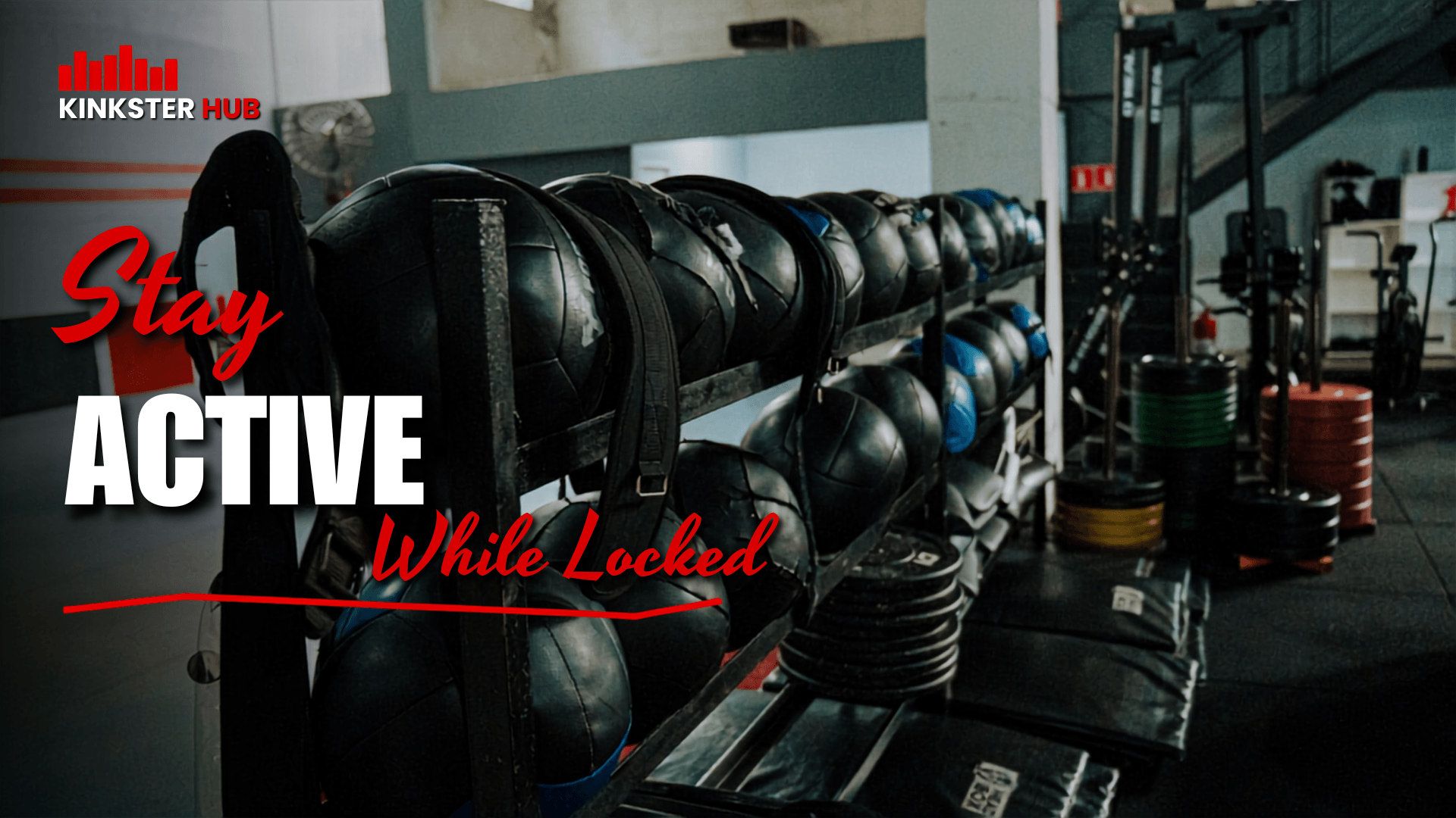 Chastity exercise cover with gym equipment, bold title, and KinksterHub logo