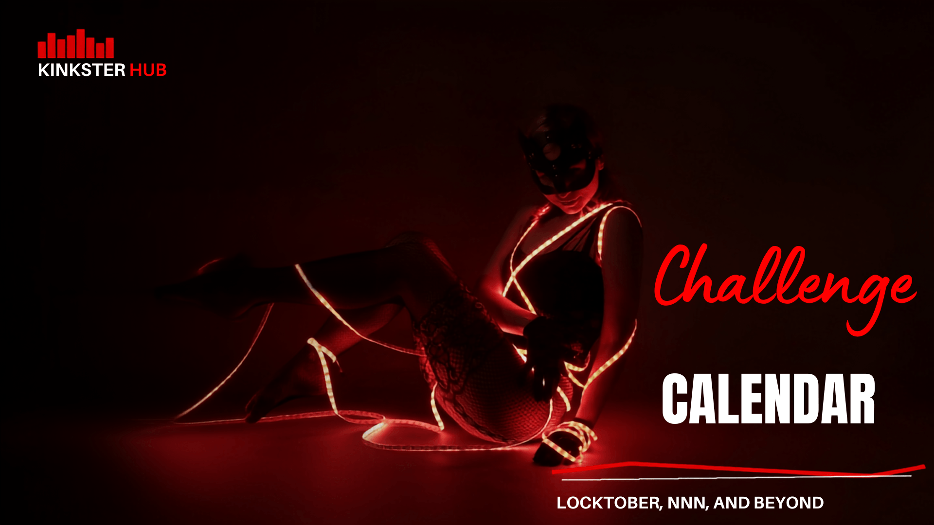 Chastity challenge calendar cover with red-lit scene and KinksterHub logo