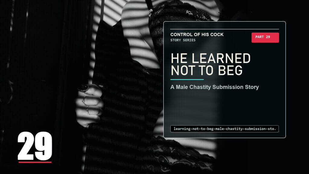 a shadowed figure behind blinds, representing chastity submission without begging.