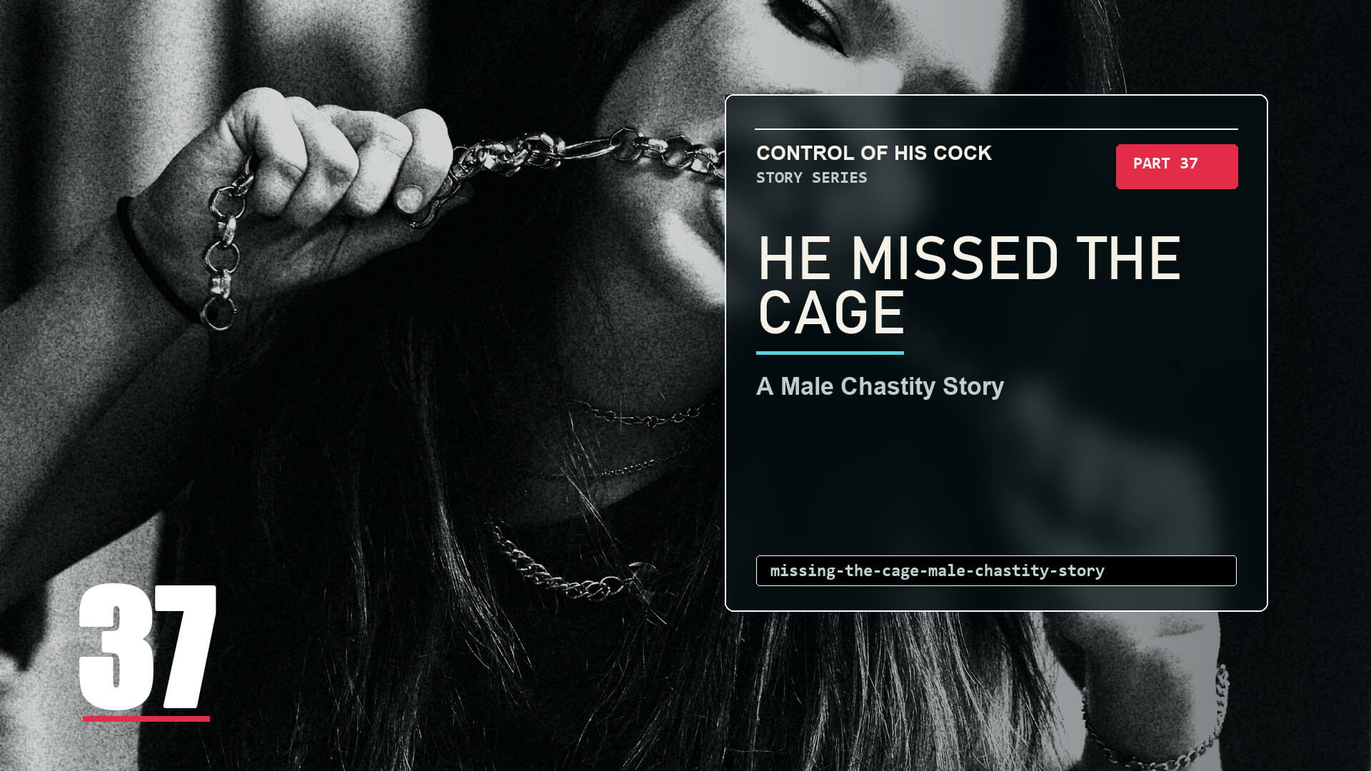 Modern story cover for Control of His Cock Part 37 showing a shadowed masked figure, symbolizing missing the cage as a shared boundary.