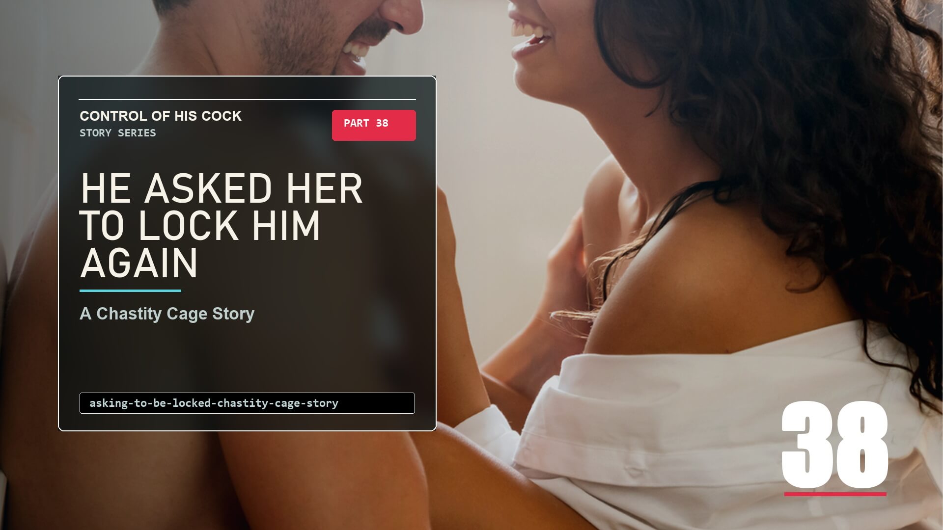 Modern story cover for Control of His Cock Part 38 showing an intimate couple moment, representing the honest request to be locked again.
