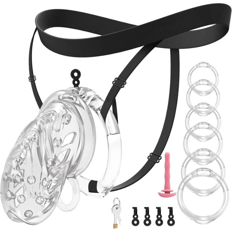 Clear silicone chastity cage with harness, rings, keys and accessories