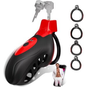 Black silicone vibrating chastity cage with four rings, keys and phone control