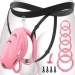 Pink silicone chastity cage with black harness, rings, keys and accessories