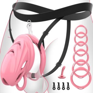 Pink silicone chastity cage with black harness, rings, keys and accessories