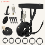 Remote-controlled vibrating chastity cage with harness, remote and rings