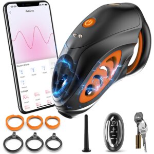 Black and orange silicone e-stim chastity cage with rings, app control and accessories