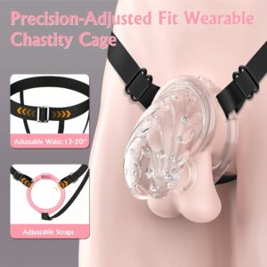 Clear silicone chastity cage with adjustable black harness system
