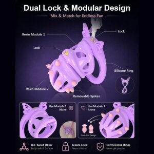 Modular violet resin chastity cage with lock and silicone ring components