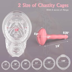 Dimensions and six ring sizes for the clear silicone chastity harness cage