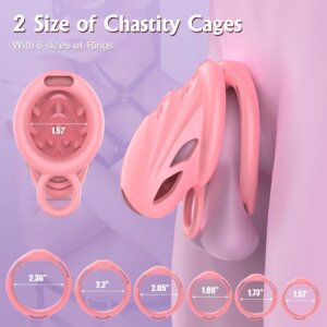 Dimensions and six ring sizes for the pink silicone chastity harness cage