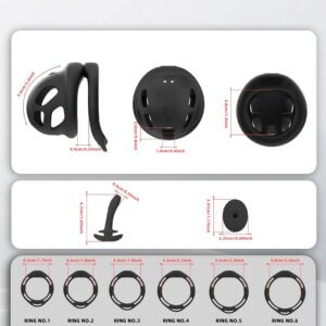 Chastity cage dimensions and six included ring sizes