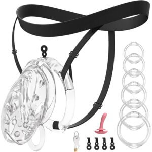 Clear silicone chastity cage set with harness, rings, keys and security seals
