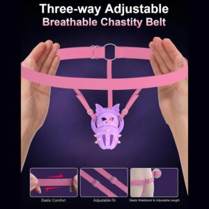 Adjustable black harness paired with the violet resin chastity cage