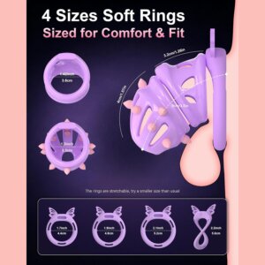 Dimensions and four ring sizes for the modular violet resin chastity cage